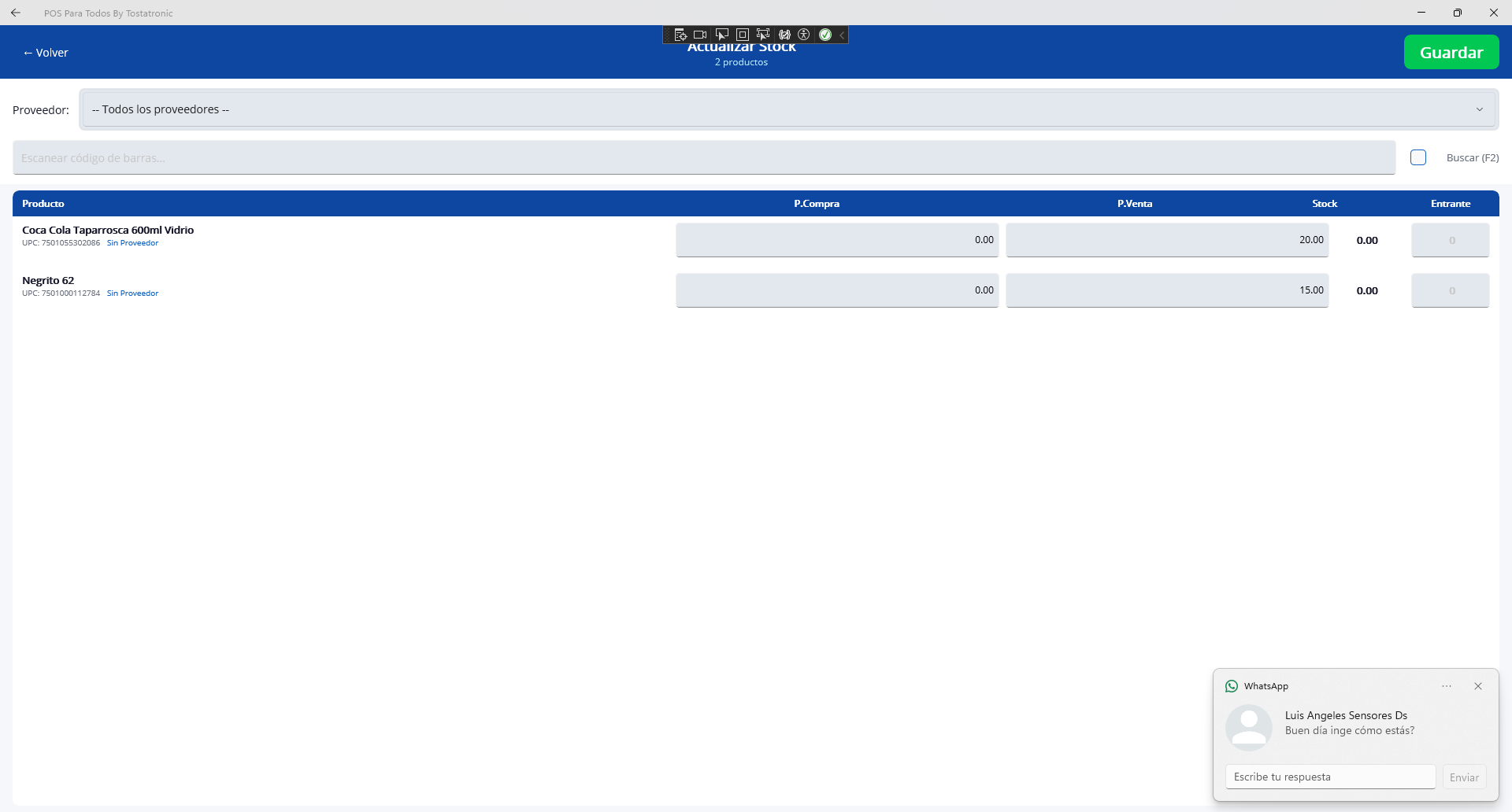 Pantalla de Actualizacion de Stock